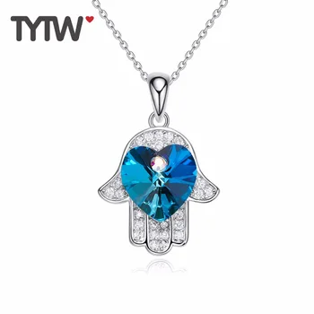 

TYTW S925 Sterling Silver Heart Pendants Crystals From Austrian Evil Eye Necklaces for Women Female Gift Girls Pendant Necklace