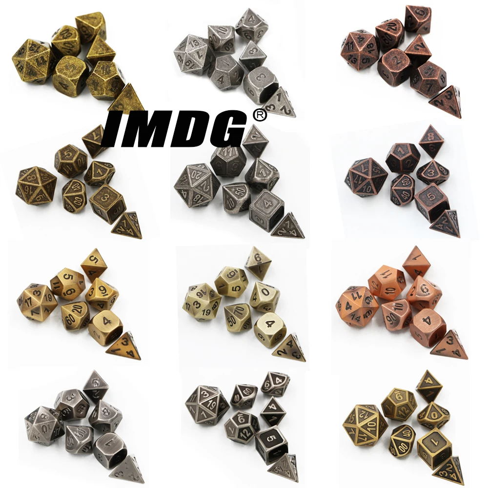

IMDG 7pcs/set Creative RPG Game Dice Polyhedron Metal Dice DND Retro Color Digital Game Dice