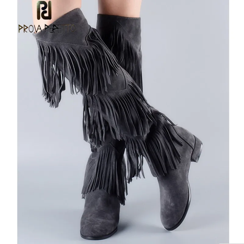 Prova Perfetto New Style Warm Coffee Tassels Woman Boots Cow Suede Over The Knee Boots Women Round Toe Low Heels Knight Boots prova perfetto winter plush in warm boots suede leather bling fringe design over the knee boot solid spike heels knight shoes