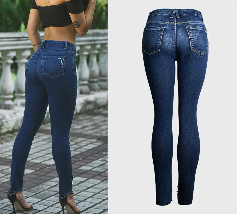 LOGAMI Винтаж Жемчуг шипованные рваные джинсы женские стрейч деним джинсы-скинни трусы для женщин брюки
