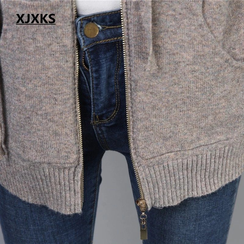 XJXKS, осенние свитера, мода, женский кардиган, джемпер с капюшоном, длинный рукав, шерсть, вязанный, уличная одежда, на молнии, женский свитер, пальто