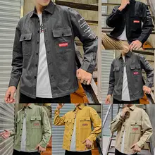 Мужская Новая повседневная модная рабочая одежда с карманами, с буквенным принтом, с отворотом, с длинными рукавами, топы, однотонные, мешковатые, свободные, негабаритные, рабочие, Harajuku стиль