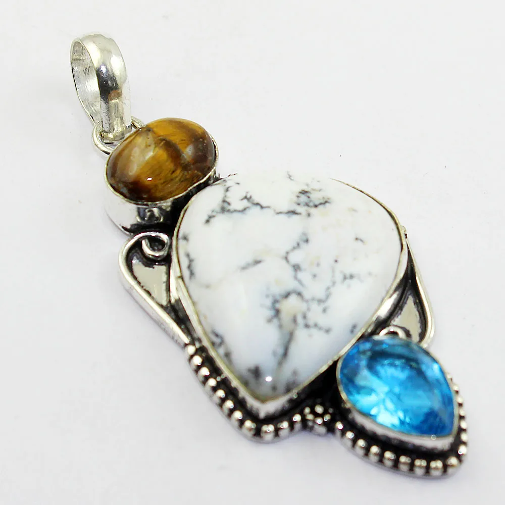 

Dendrite Opal & Tiger Eye Pendant Silver Overlay over Copper , 67mm, P1292