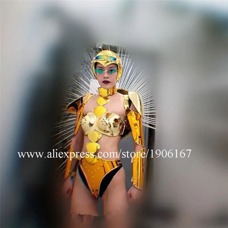 Singer robot women suit dance stage costumes catwalk show dress rivets bodysuit gold mirror clothes party models dress club3