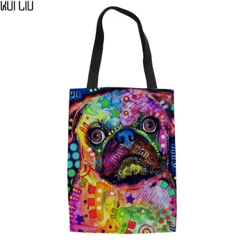 

Customized Pug Dog Print Women Shopping Bag Colored Drawing Bag Ladies Foldable Trip Bag For Girls Totes Bag Handbags Female