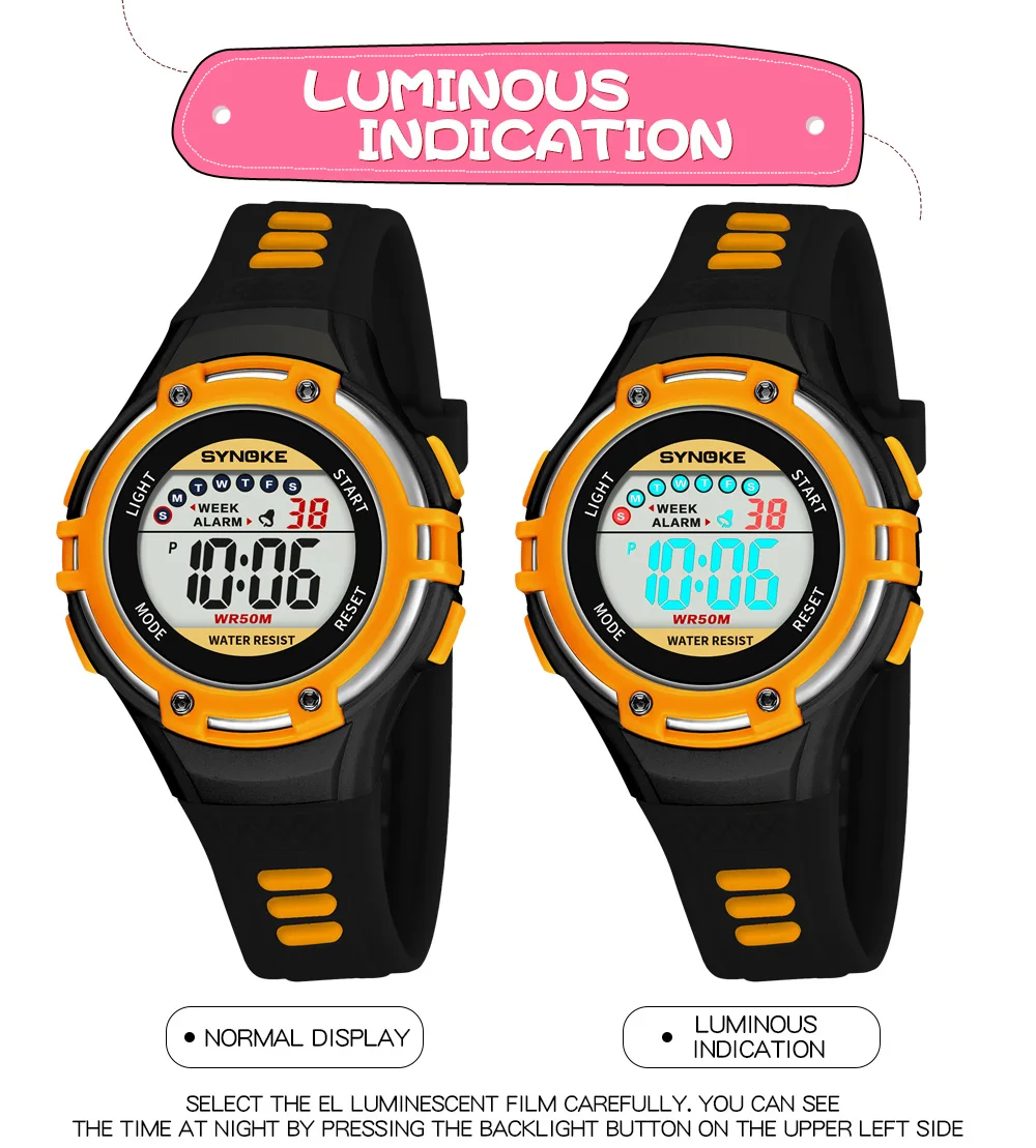 SYNOKE Clock Watches Girls Watches  Back Light Alarm 50m Waterproof Sport Watch for Children LED Display Kids Digital Watch Boys