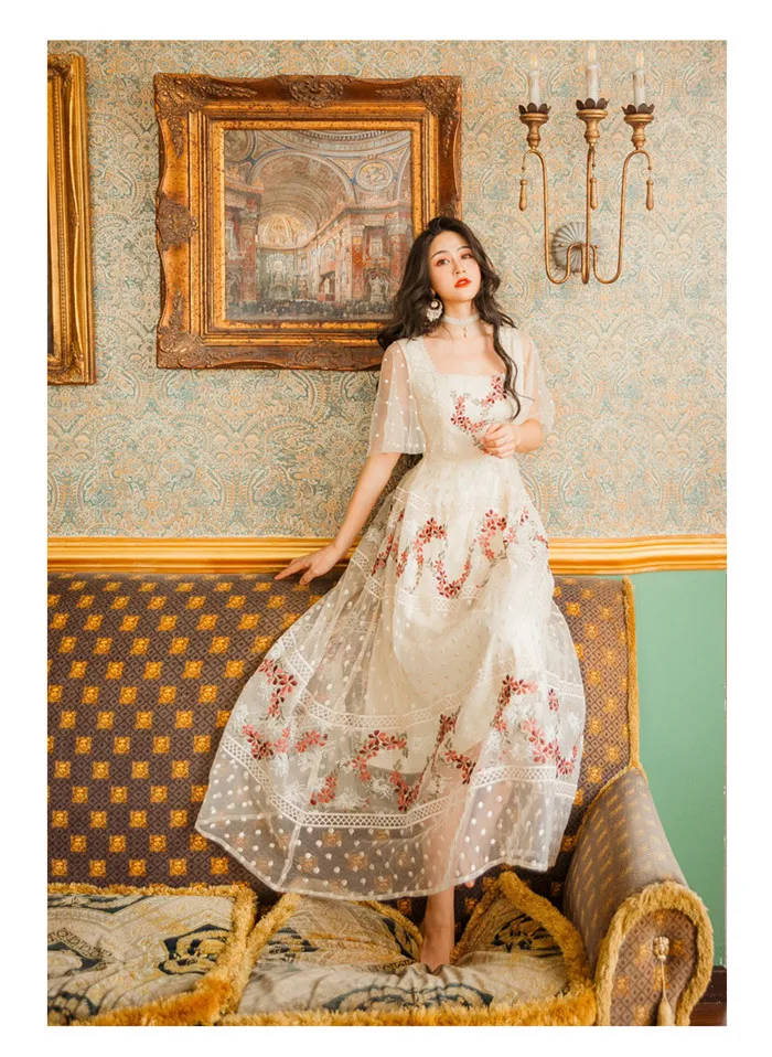 Высококачественное женское длинное платье в сеточку с вышитыми цветами, кружевное платье с коротким рукавом, милое платье в горошек, Vestidos De Fiesta