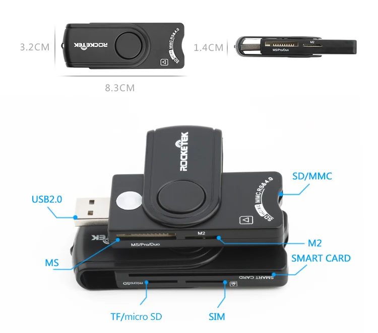 Rocketek в то же время читать 2 карты Usb RT-SCR10 устройство чтения карт памяти Адаптер для SD/TF Micro SD компьютер аксессуары для ноутбуков