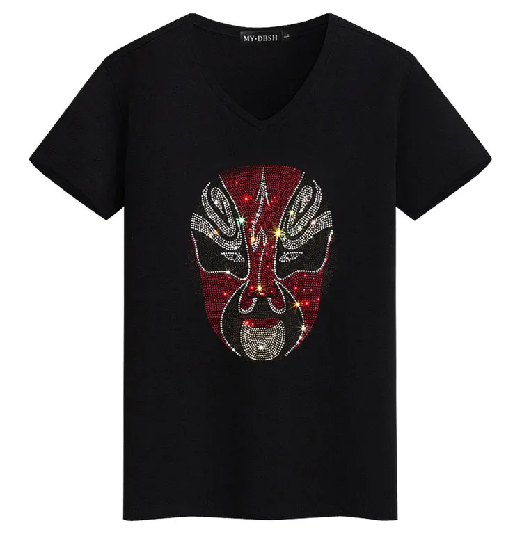 Big size 5XL Mask Unique Man Shinning Diamond Stone T-shirt Short Sleeve high quality Peking Opera Rhinestone Print men t shirts