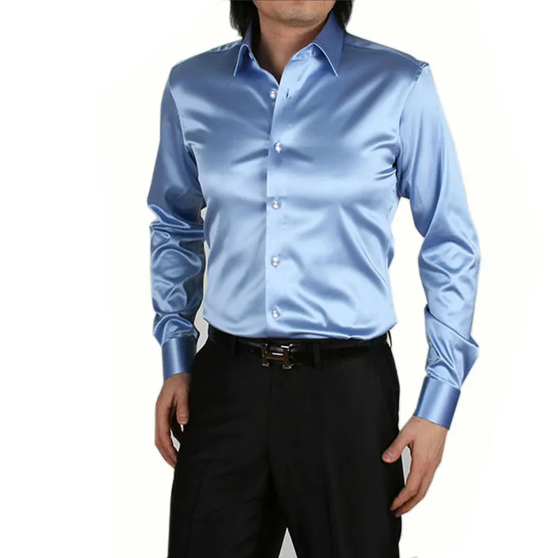 New Royal Blue Silk Satin Shirt Men 