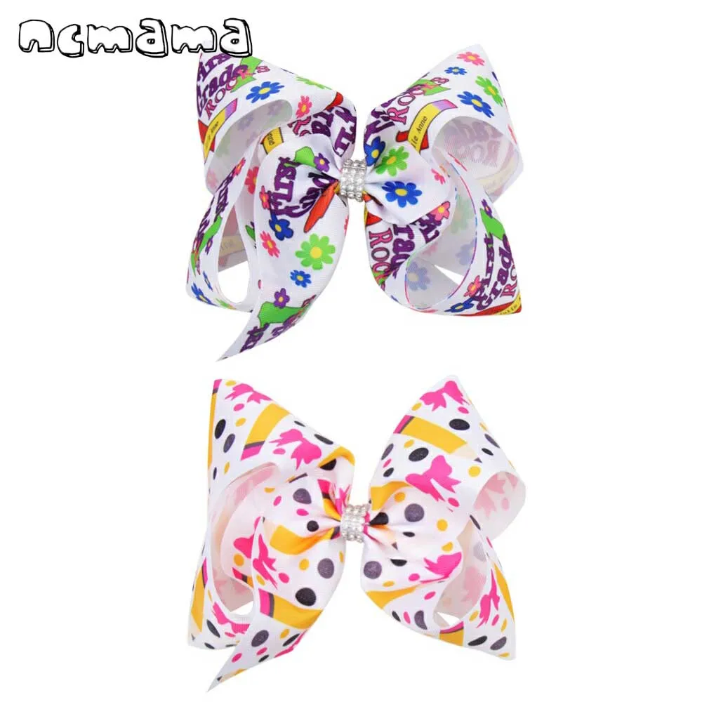

ncmama BACK TO SCHOOL 7" Pencil Print Hair Bows for Girls with Clips Grosgrain Ribbon Rhinestones Knot Hairpins Kids Headwear