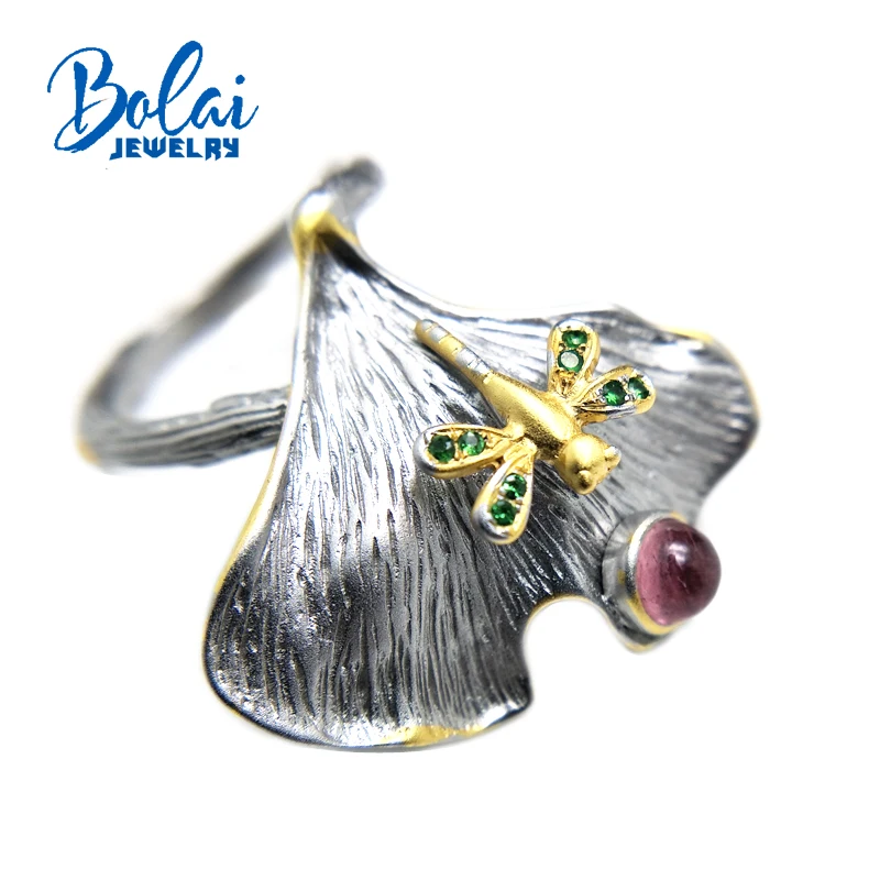 

Bolaijewelry,dragonfly shape Ring pink tourmaline and tsavorite Natural gemstone Ring 925 sterling silver fine jewelry for women