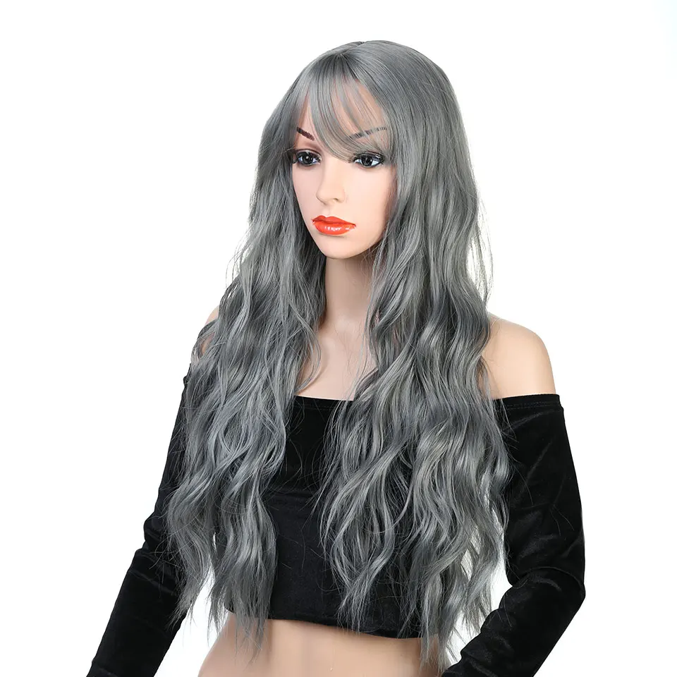 Pelucas largas Cosplay pelo ondulado Pageup con flequillo para mujeres señoras resistente al calor Negro Azul Rubio Rosa verde gris sintético peluca Pelucas largas Cosplay pelo ondulado Pageup con flequillo para mujeres señoras resistente al calor Negro Azul Rubio Rosa verde gris sintético peluca