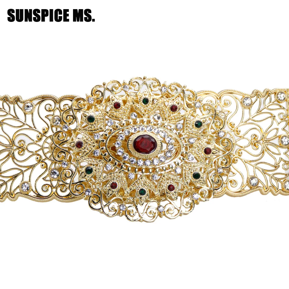 

SUNSPICE Colorful Crystal Women Waist Chain Belt Body Jewelry Belly Chains Gold Color Hollow Flower Square Button Adjust Length