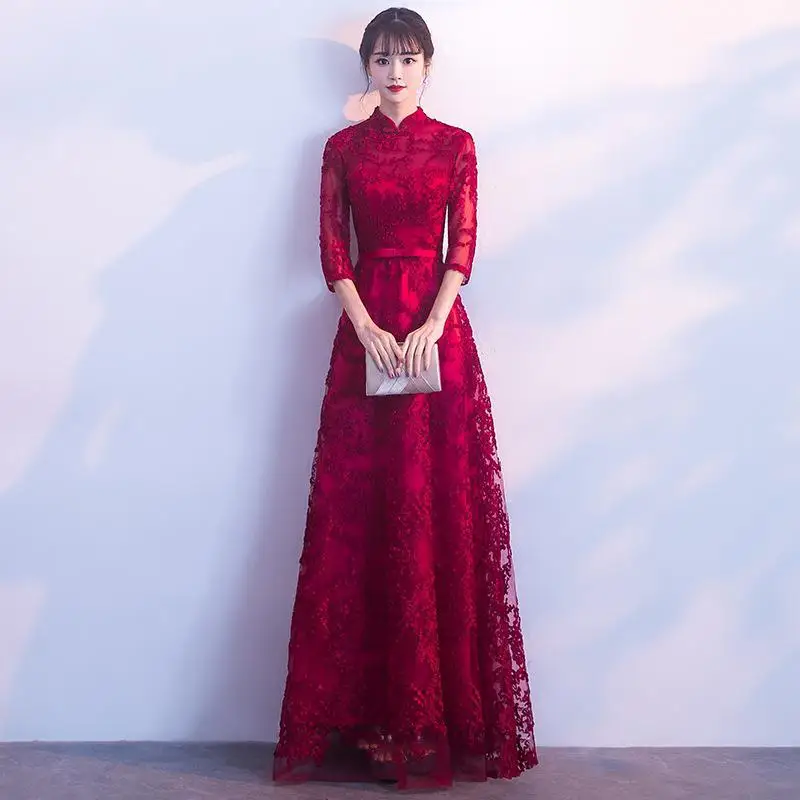 Невесты Cheongsam восточные женские свадебные Qipao с коротким рукавом Вечерние платья китайский стиль элегантный длинный халат одежда Vestido XS-XXXL - Цвет: G - Dark Red