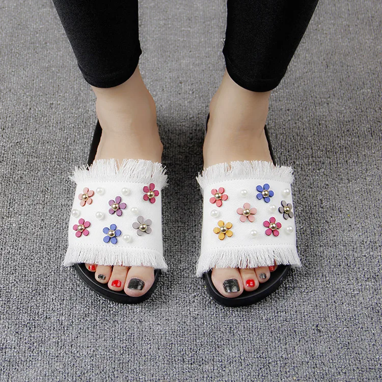 2016 New Korean Female Summer Sandals Casual Slippers Online Denim Daisy Pearl Ladies Comfort Footwear Cheap50