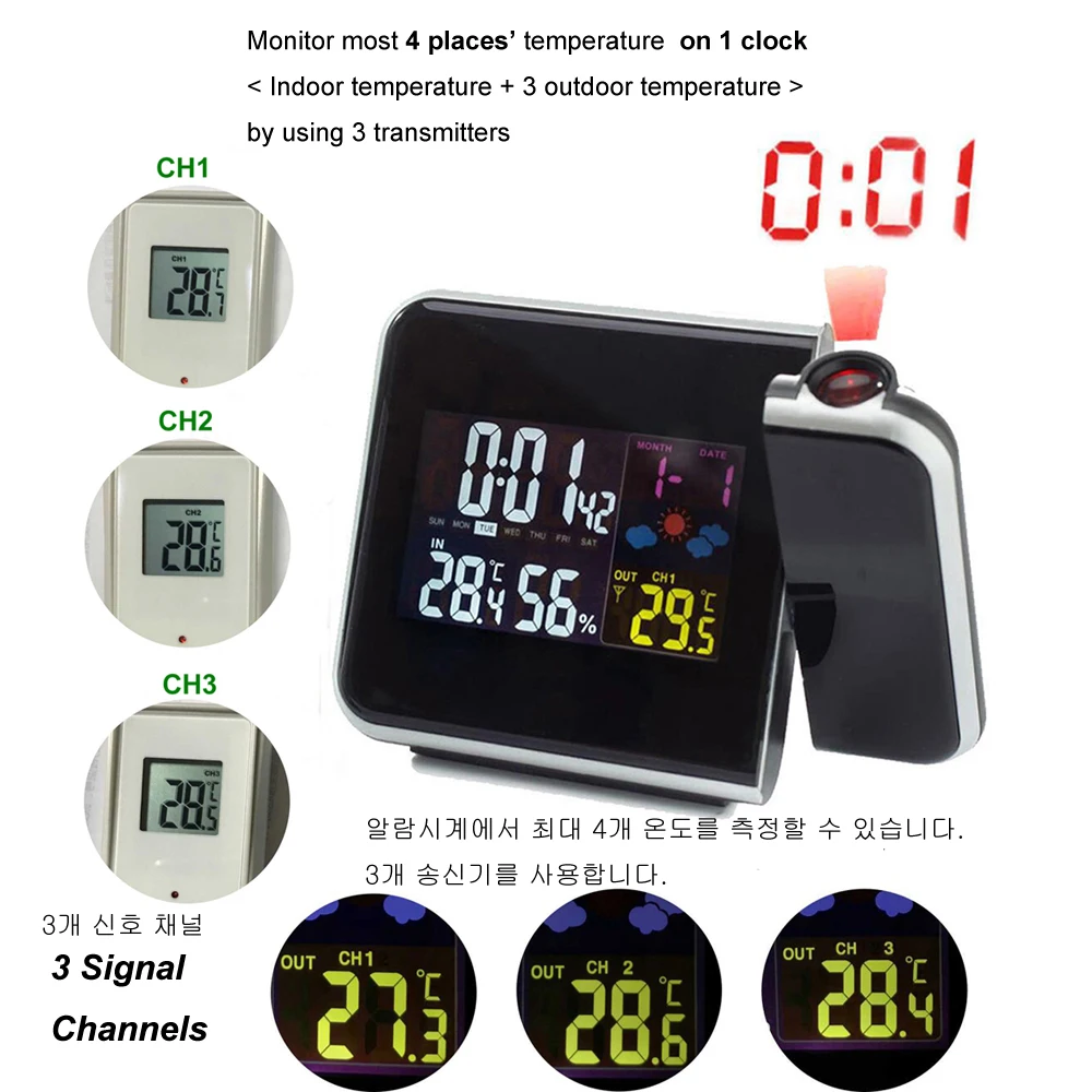 Kopen Digitale Temperatuur Thermometer Draadloze Weerstation Vochtigheid Meter Hygrometer Tafel Bureau Projectie Wekker Projector