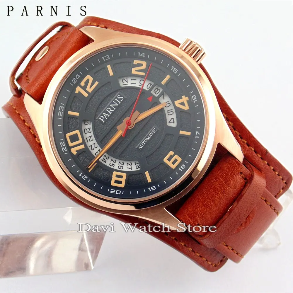 

Parnis black dial 43mm Sapphire Glass miyota Automatic mens PVD case Watch