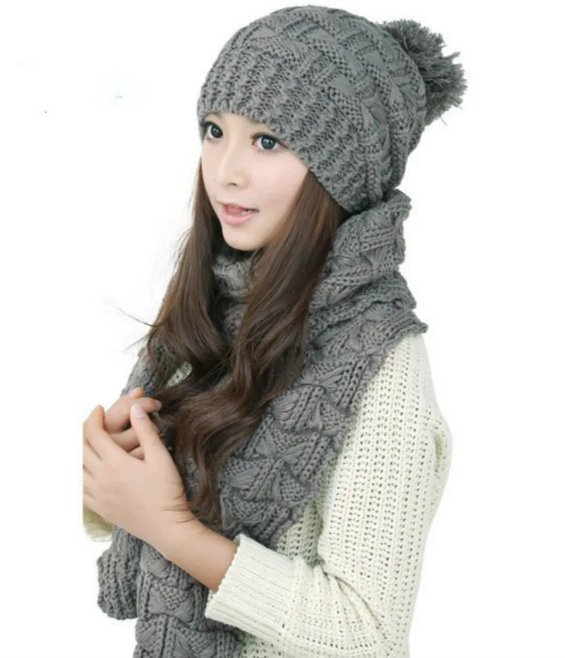 Осенняя и зимняя шапка и шарф, комплект для женщин, уплотненная теплая вязаная шапка и шарф, комплект из двух предметов - Цвет: Gray