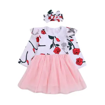 

Summer Fashion Girls dress Baby Girls Long Sleeve dress Headband 2pcs outfit