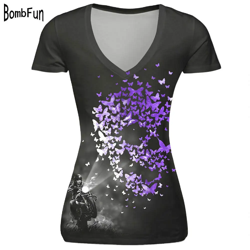 

Pop Punk Women T-shirt 3d Print Butterfly Skull t shirts Sexy V-neck Female Tops Harajuku Style Rock&Roll Tees Summer Clothing