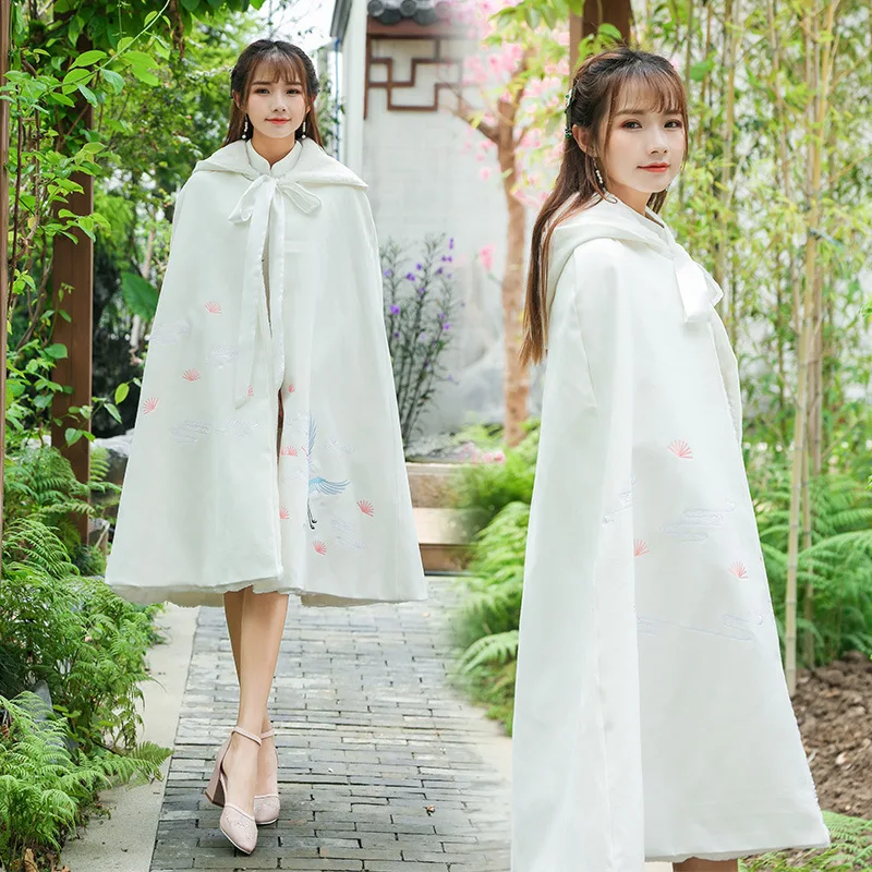 Китайский стиль женский плащ Hanfu вышивка длинный с капюшоном зимний Han элемент