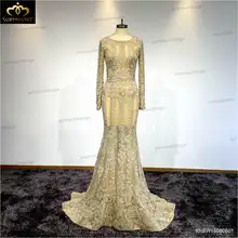 Real Photos Long Sleeves Tulle Crystal Champagne Color Party Occasion Formal Long Mermaid Evening Dress SW16080601