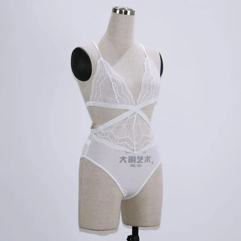 mesh bodysuit 2018 Women Lace Bodysuits Deep V Neck Spaghetti Strap Sleepwear Mesh Patchwork See Through Rompers Ladies Sheer Overalls Femme fishnet bodysuit