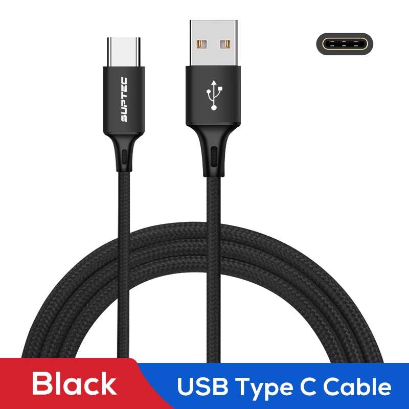 SUPTEC usb type-C кабель 2.4A провод для быстрого заряда type-C телефон зарядное устройство кабель для samsung S9 Xiaomi Redmi Note 7 Android USB-C шнур - Цвет: Black