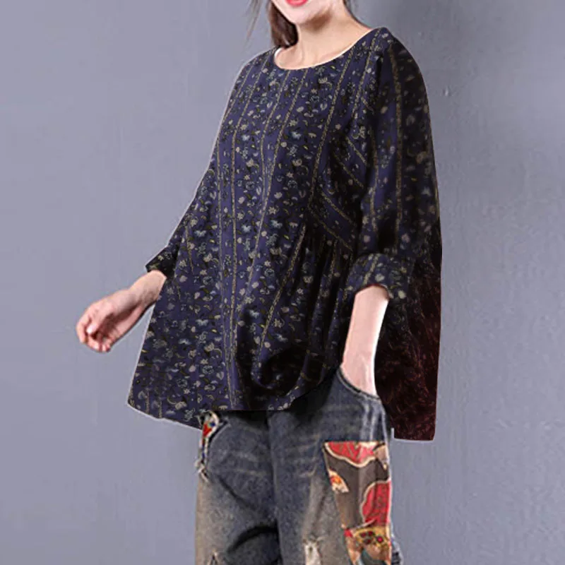 Skup 2018 Wiosna ZANZEA Kobiety Boho O Neck Z Długim Rękawem Casual Ruffle Workowate Koszula Luźne Bawełniane Lniane Floral Print Bluzka Top plus Size