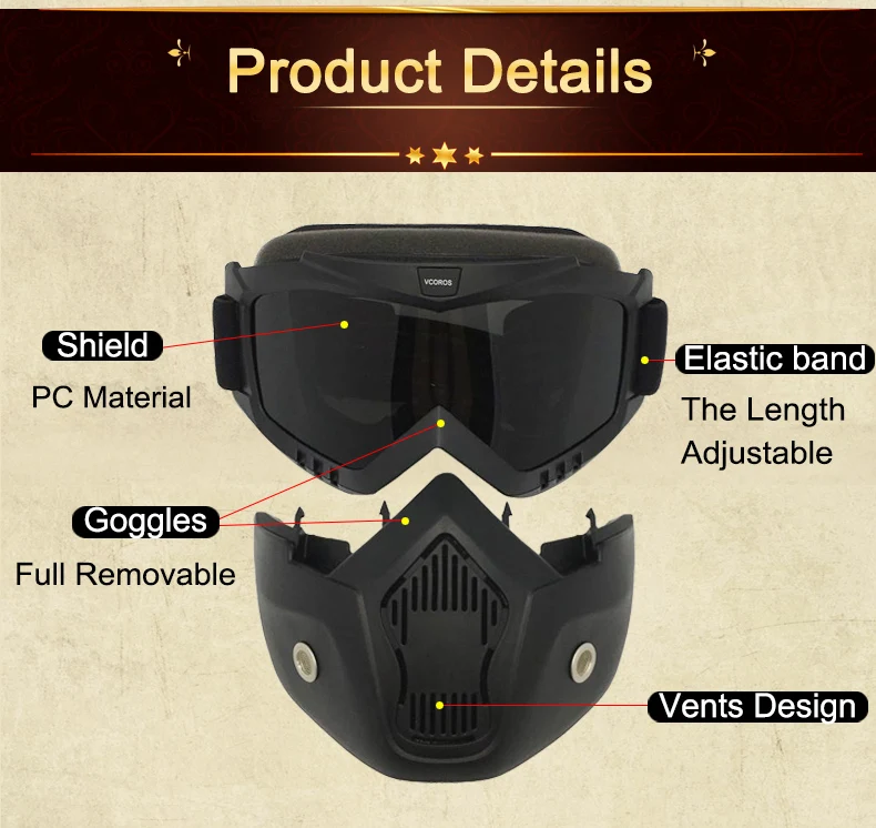 VCOROS модульная маска Съемные очки и рот фильтр идеально подходит для открытого лица мотоциклетный полушлем и винтажные шлемы