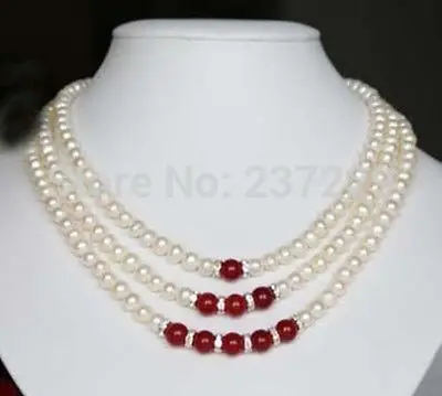 

HOT## Wholesale price > ^^^Fine 3 rows white pearl & 8 mm red jade necklace