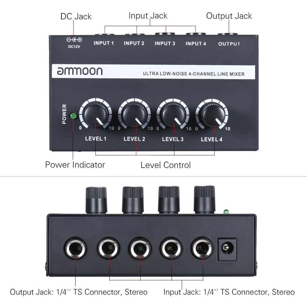 Ammoon MX400 4 микшер каналов микшерный пульт ультра-компактный низкий уровень шума линии моно аудио микшер с адаптером питания