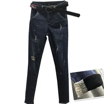 

Women Jeans Winter Plus Velvet High Waist skinny Elasticity hole Denim Pencil Pants Plus Size 26-31