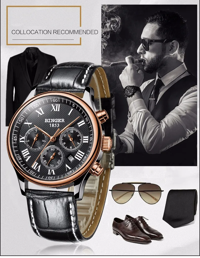 Watches Men Luxury Brand BINGER Automatic Mechanical Watch Waterproof Calendar Leather Wristwatch relogio masculino