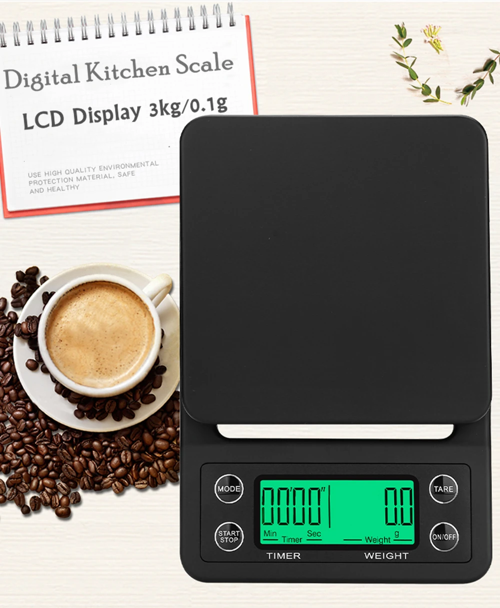 

3kg/0.1g Mini Digital Kitchen Scale Food Coffee Weighing Scale & Timer With Back-Lit LCD Display For Baking Cooking Tools