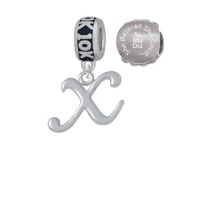 Silvertone Small Gelato Script Initial - X - 10K Run She Believed She Could Charm Beads (Set of 2)