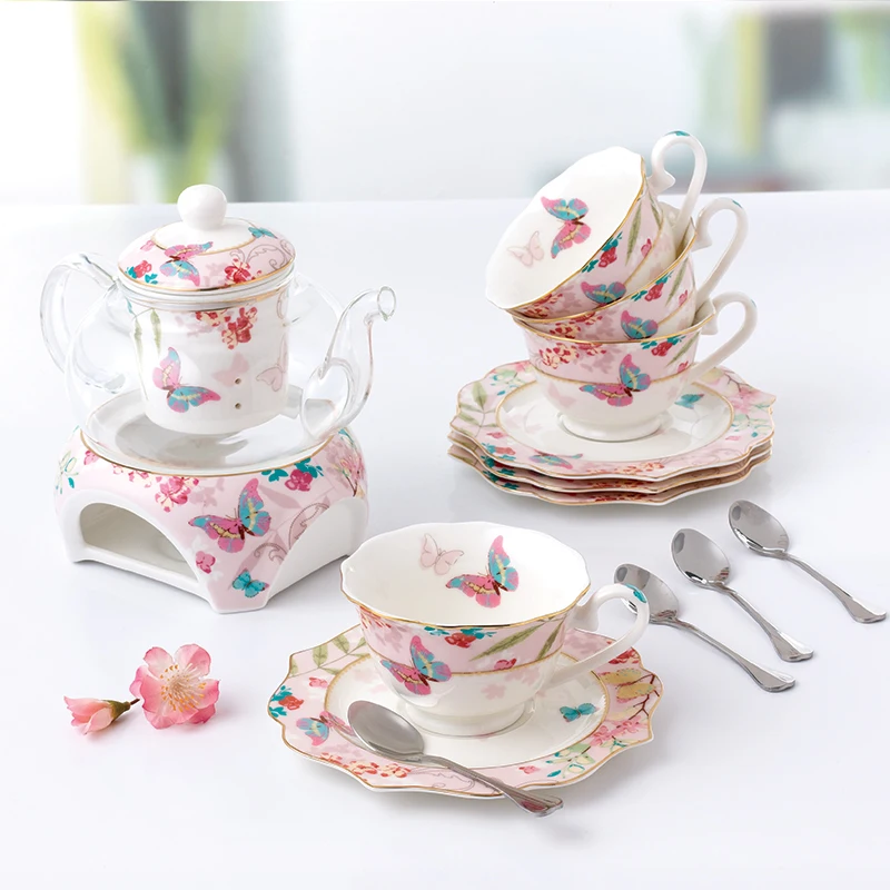 

Chinese Tea Set Porcelain High Temperature Resistance Glass Teapot With 4 People Ceramic Cups and Saucers Wedding Gift