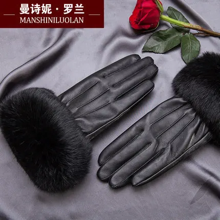 Winter woman genuine leather gloves rabbit's hair thicken keep warm sheepskin gloves for women MLZ015