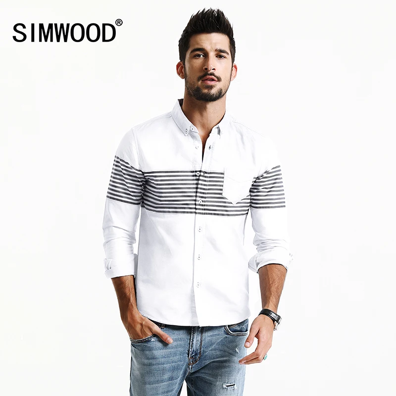 SIMWOOD 2019 новые осенние повседневные рубашки мужские полосатые Модные приталенные