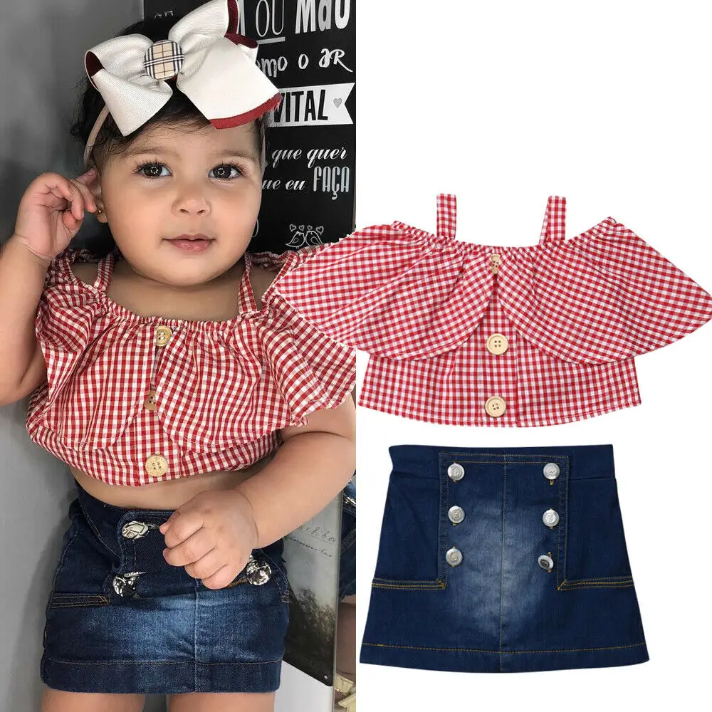 

Summer Toddler Baby Girls Clothes Sets 1-6Y Plaid Ruffle Tops Denim A-Line Skirt Outfits