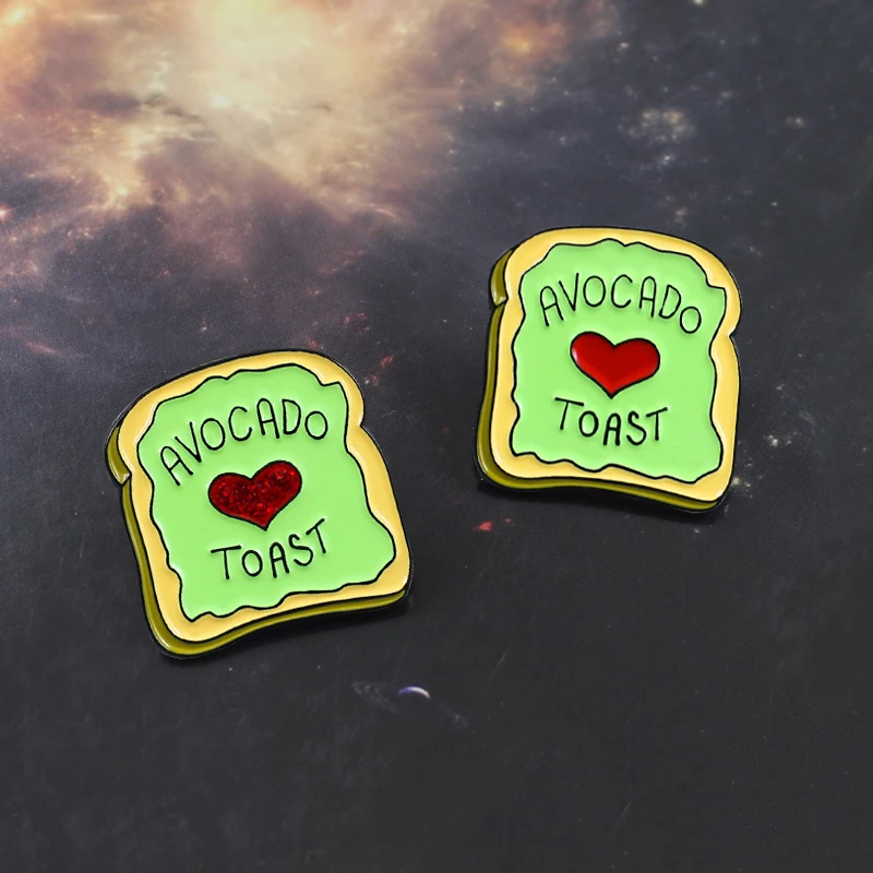 

Cartoon cute green bread toast slice brooch Printed with "AVOCADO TOAST" Red shiny heart pattern badge Couple gift