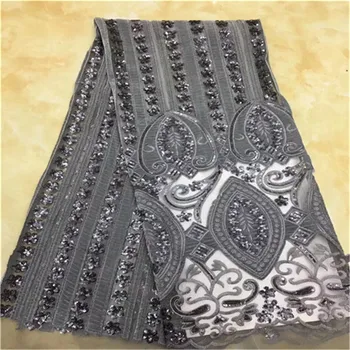 

High Quality Velvet Fabric African Nigerian Embroidered Sequins Lace Fabric Latest Mesh Gray Color Lace Fabric