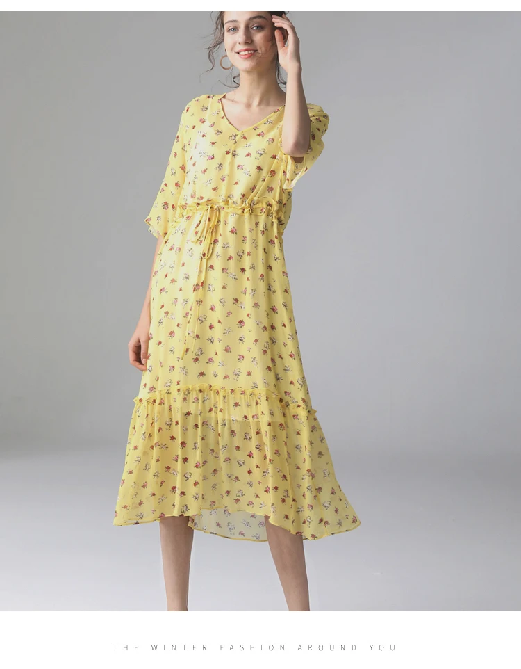 Женское длинное платье из натурального шелка, жоржет, с принтом, с поясом, платья для женщин, v-образный вырез, Имперское шелковое платье, летнее новое платье