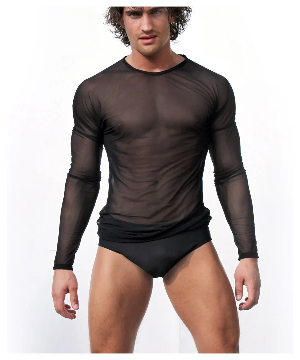 Высококачественная Мужская сексуальная прозрачная рубашка с длинным рукавом, Сетчатое Марлевое сексуальное нижнее белье, сексуальная пижама для геев - Цвет: Черный