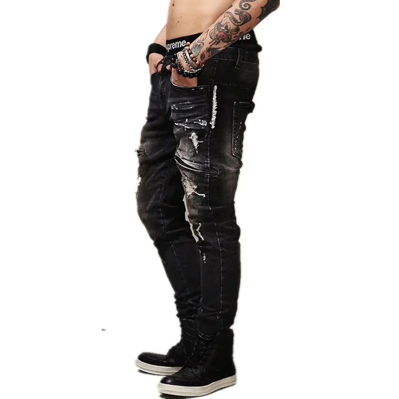 Высококачественные мужские рваные байкерские джинсы, хлопок, черные облегающие мотоциклетные джинсы, Мужские Винтажные потертые джинсы 28-36