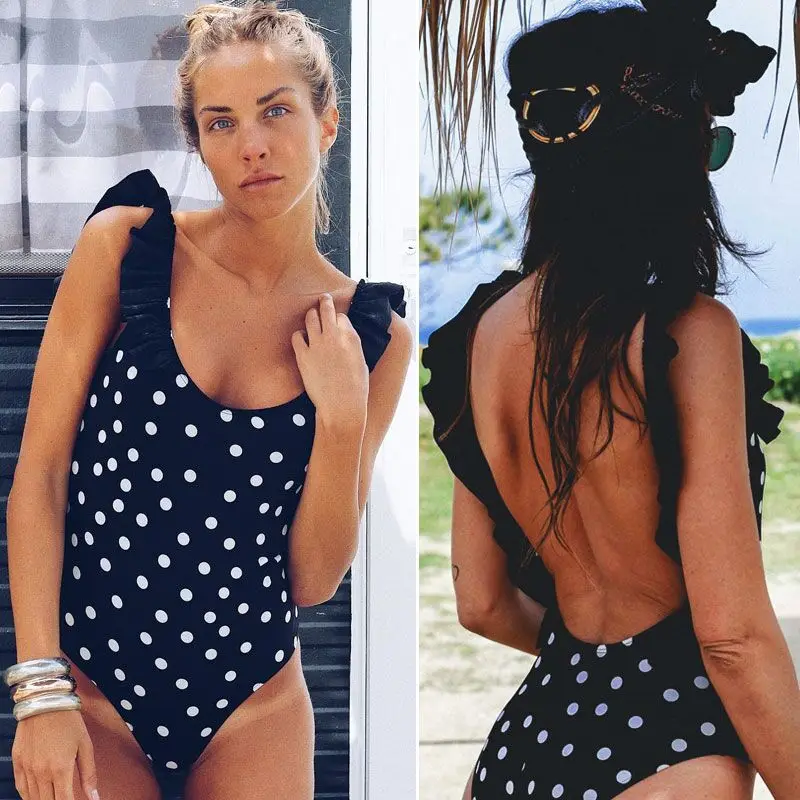 

2019 Ruffle One Piece Swimsuit Women Swimwear Polka Dot Swimsuits Slimming Beachwear Backless Female Monokinis Solid Bodysuit