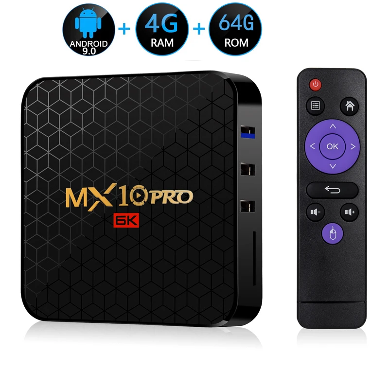 Günstig MX10 PRO Smart TV BOX Android 9.0 Allwinner H6 4G 64G TV empfänger 6K Wifi Media player Spielen speicher Freies Apps Schnelle Set top Box