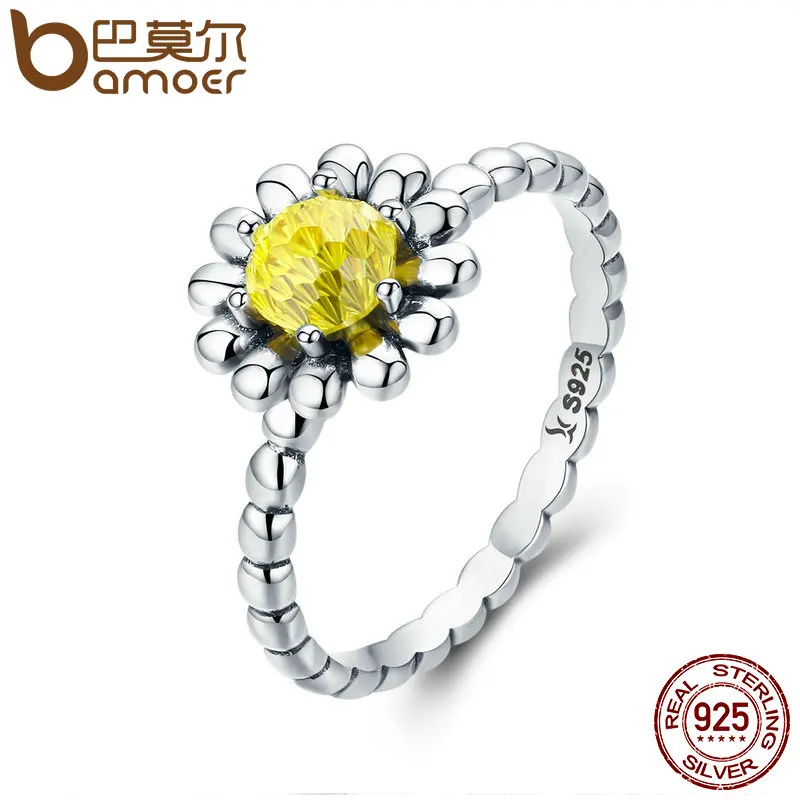 

BAMOER 925 Sterling Silver Female Yellow Daisy Flower Clear CZ Finger Ring for Women Anniversary Wedding Jewelry Anel SCR238