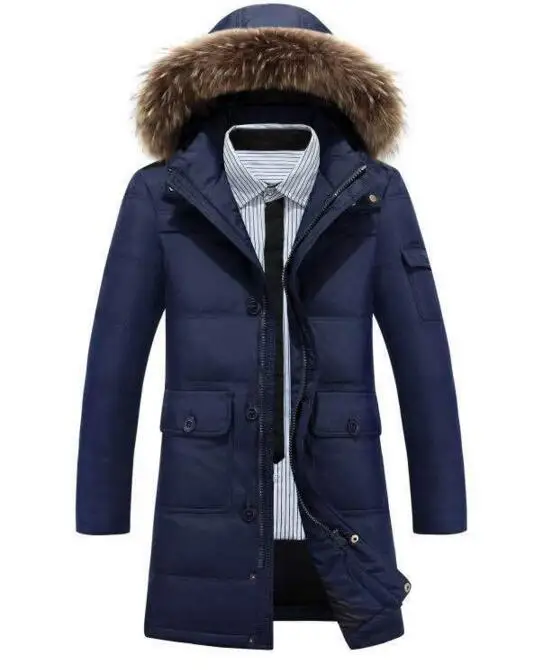 Зимняя куртка Для мужчин утка вниз куртка размера плюс толстые теплые на открытом воздухе с капюшоном меховой воротник длинное пальто Для Мужчин's Парка на пуху WLF065 - Цвет: blue